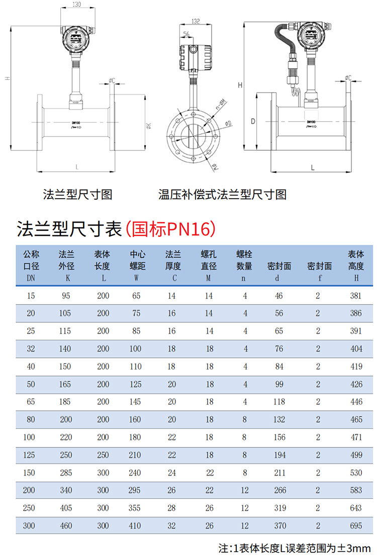 鍋爐蒸汽流量計(jì)法蘭式尺寸圖